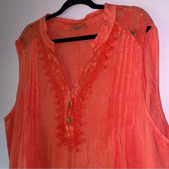 Alessia Pacini 2X 100% Linen Dress Midi Sleeveless Lace Split Neck - Picture 2 of 9